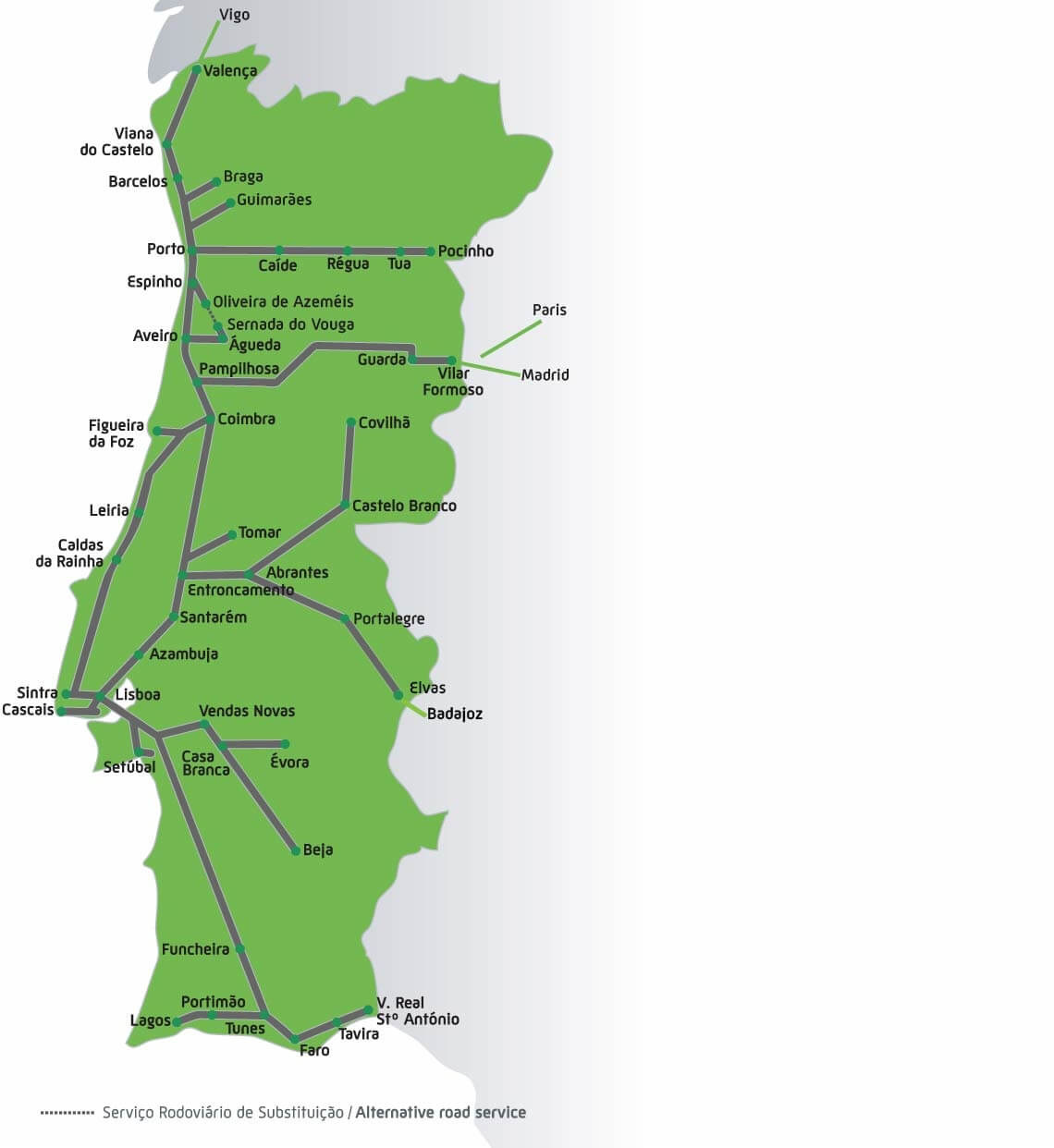 Mapa de trajetos de trem em Portugal