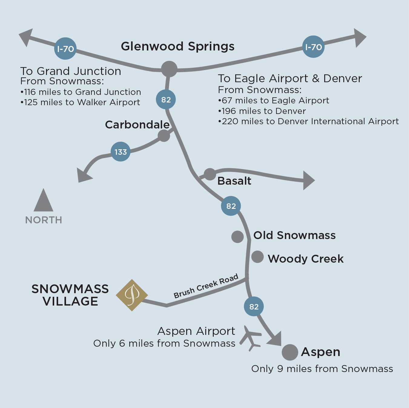 Mapa das rodovias e cidades próximas a Snowmass Village