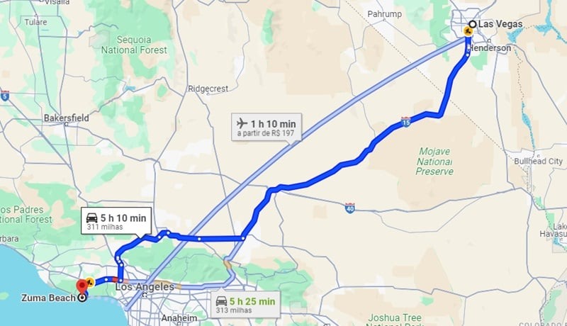 Mapa de Las Vegas até a praia Zuma Beach em Los Angeles