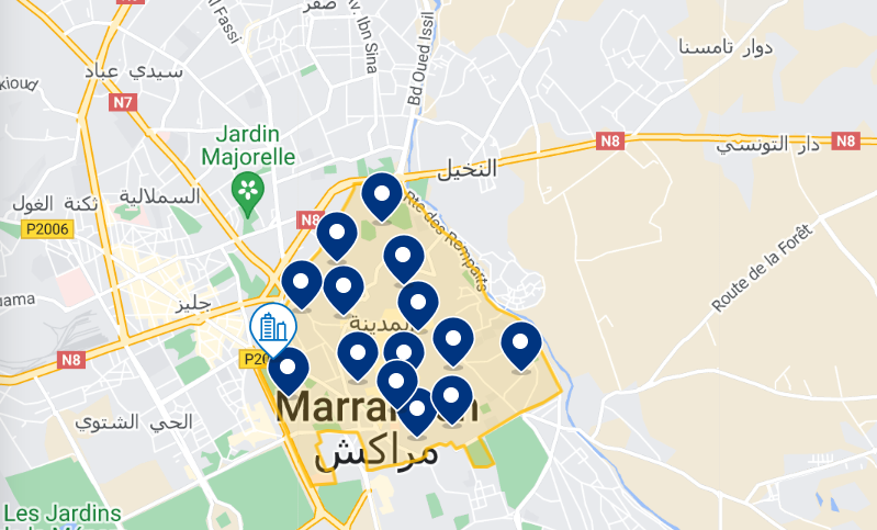 Mapa com a melhor região para se hospedar em Marrakech