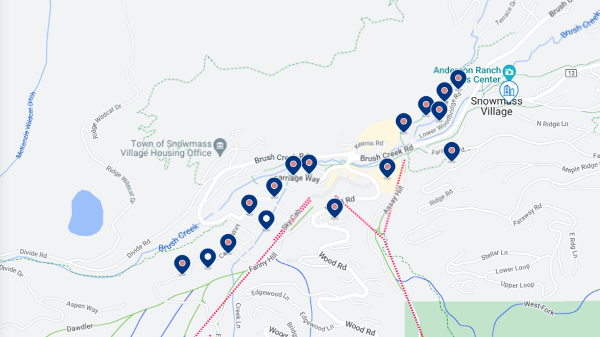 Mapa do centro de Snowmass Village e suas ofertas de hotéis
