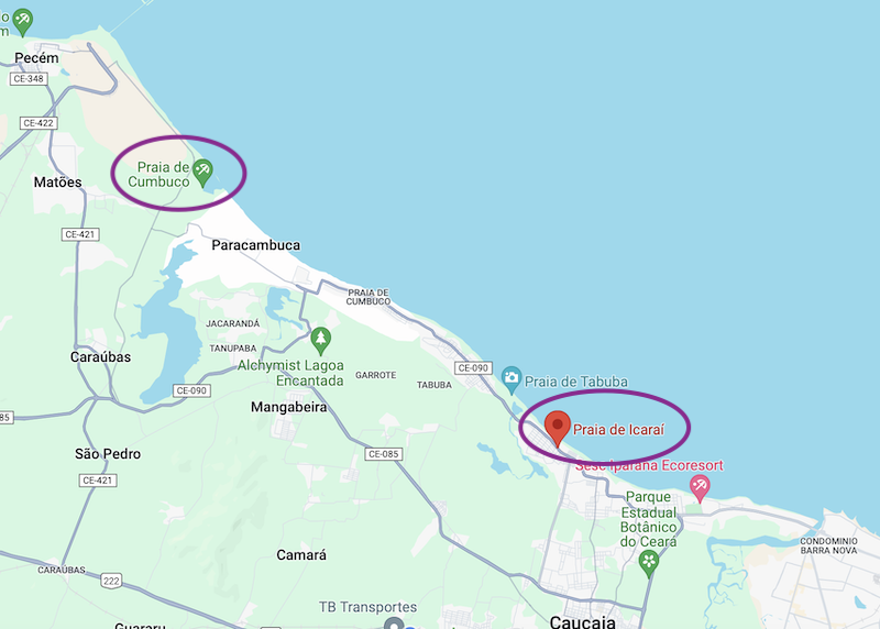 Mapa de praias a norte de Fortaleza