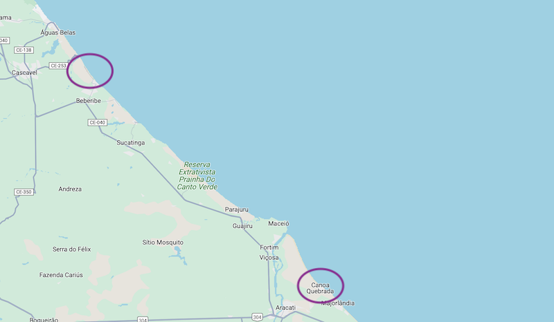 Mapa de Praias ao sul de Fortaleza
