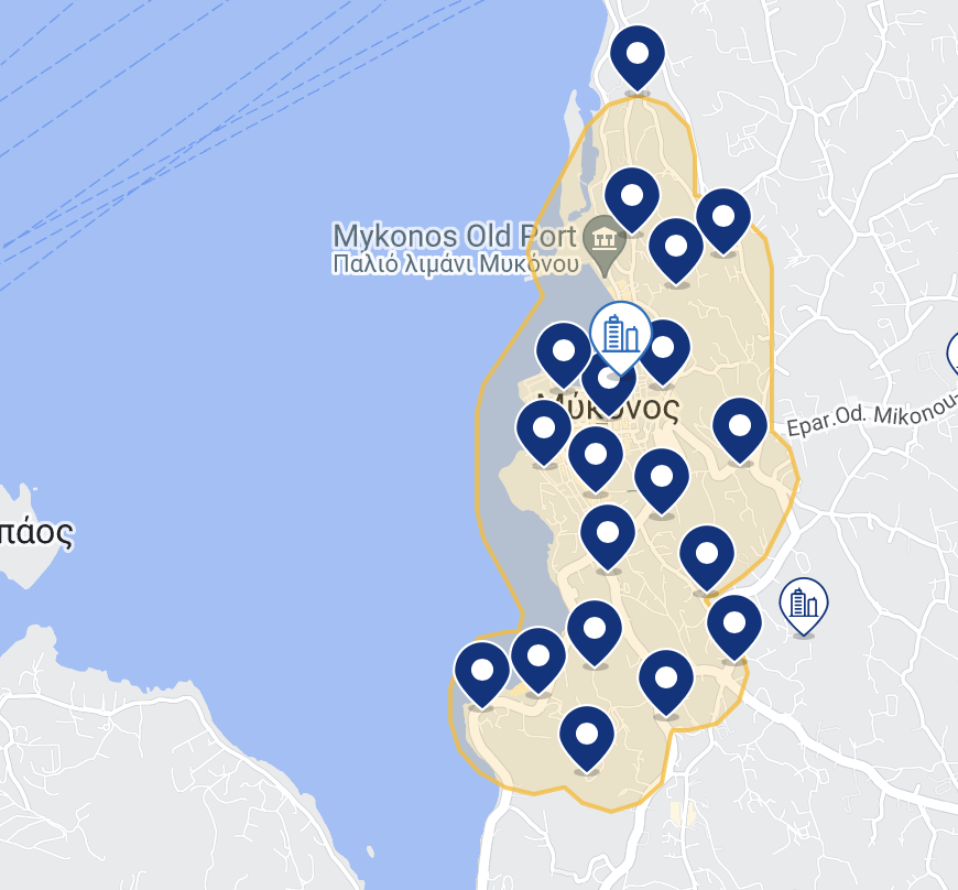 Mapa de hotéis em Mykonos