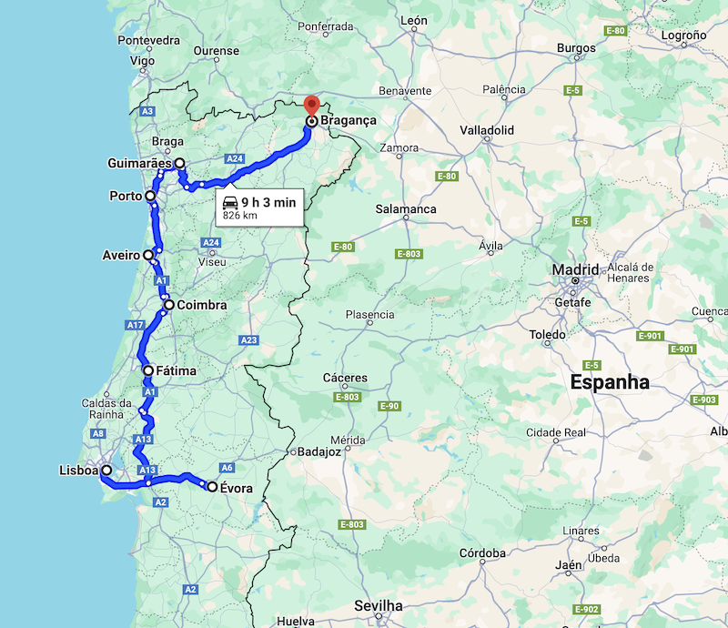 Mapa Roteiro de Inverno em carro por Portugal