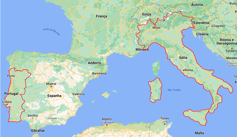 Mapa de Portugal e Itália
