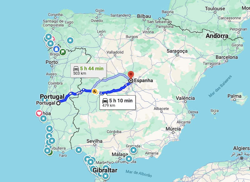 Mapa de Portugal a Espanha
