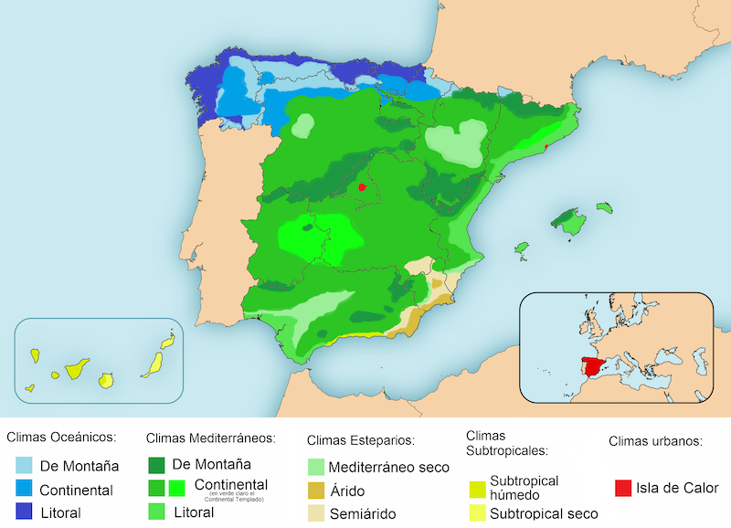 Confira um mapa das regiões climáticas da Espanha: