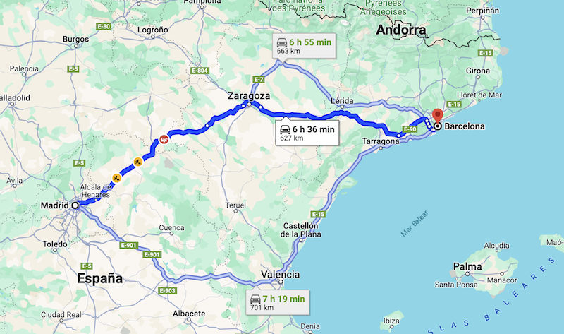 Mapa de viagem de carro de Madri a Barcelona