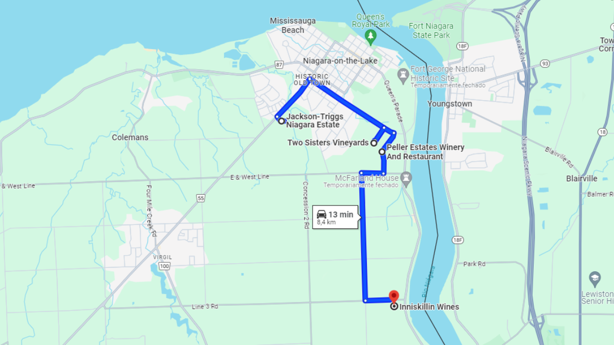 Percurso passando pelas vinícolas de Niagara-on-the-Lake