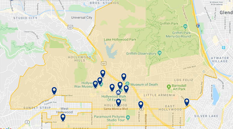 Mapa de Hollywood em Los Angeles