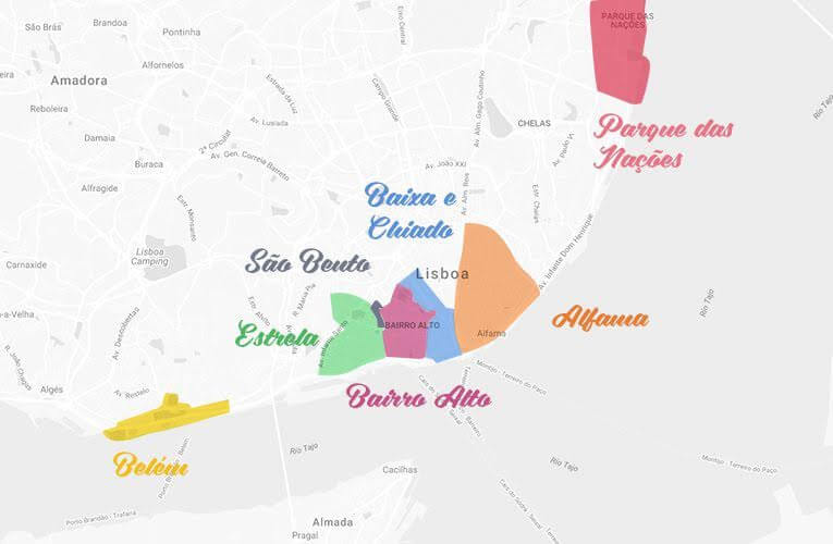 Mapa com as regiões de Lisboa
