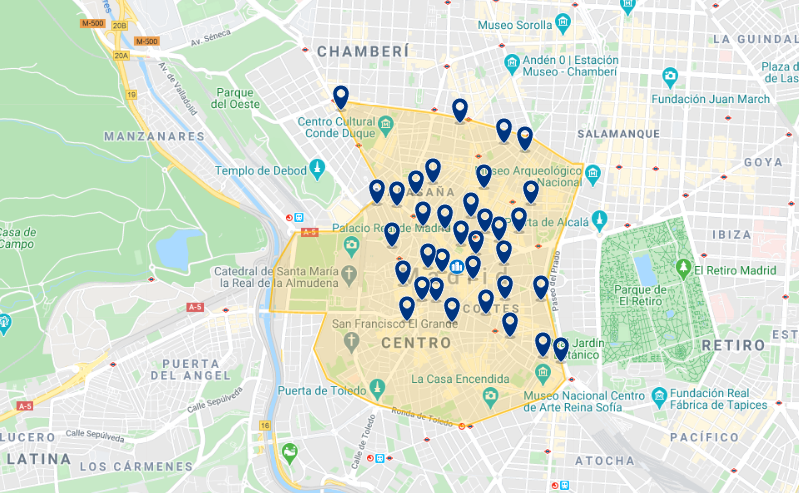 Mapa com os hotéis na região de Madrid