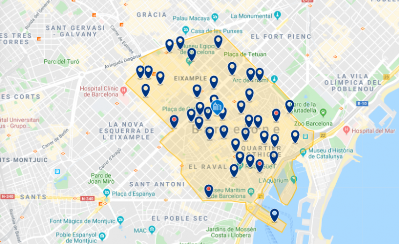 Mapa com a melhor região para se hospedar em Barcelona