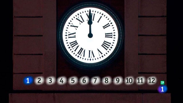Transmissão das 12 badaladas do relógio em Barcelona no Ano Novo. Nota-se um relógio marcando a meia noite e doze números abaixo dele. O número 1 é o único pintado de azul, os restantes estão com a cor branca.