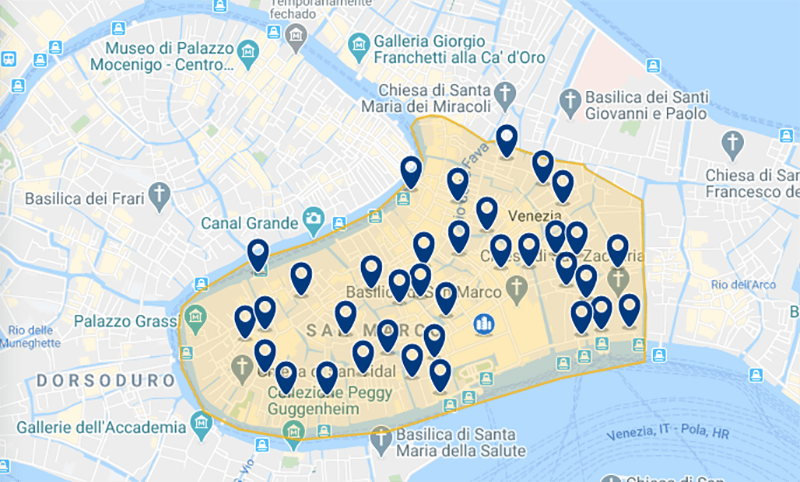 Mapa de Veneza com os hotéis na melhor região para se hospedar