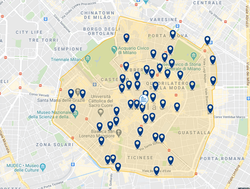 Mapa com os hotéis no centro de Milão