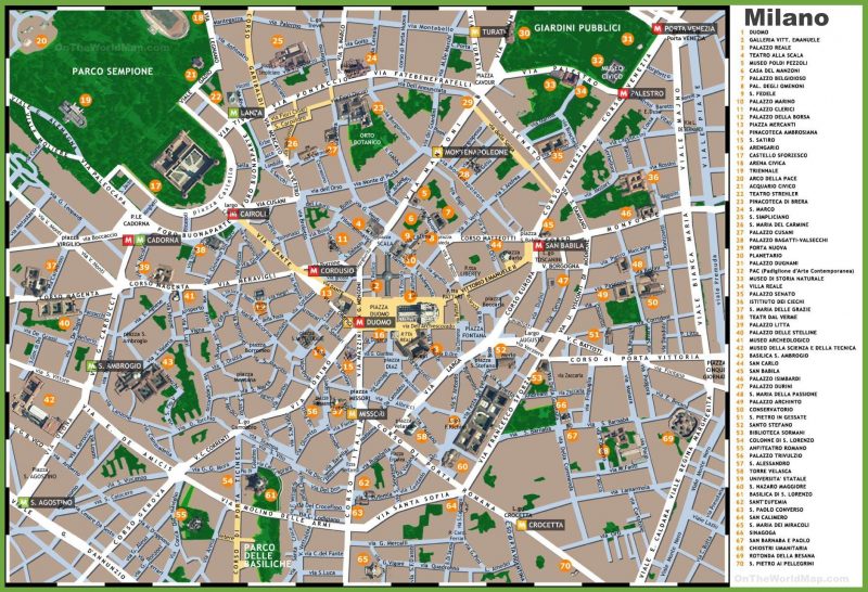 Mapa com todos os pontos turísticos no centro de Milão.