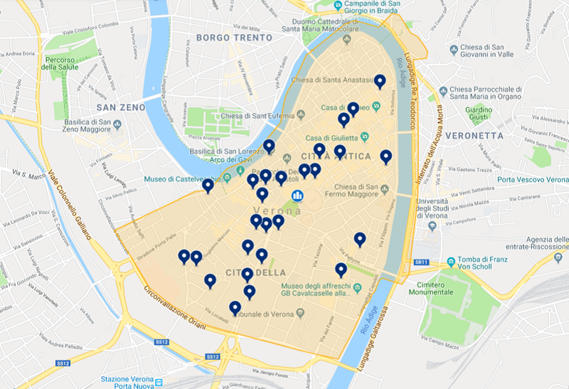 Onde ficar hospedado: mapa com o centro de Verona