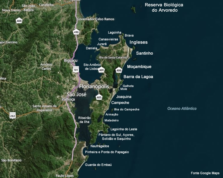 Mapa das praias de Florianópolis no Google Maps